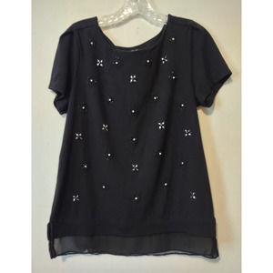 White House Black Market Black Beaded Short Sleeve Shirt Size Small